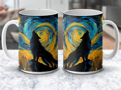 Wolf Silhouette Starry Night Artistic Coffee Mug, Unique Wildlife Inspired Drinkware, Perfect Gift for Nature Lovers
