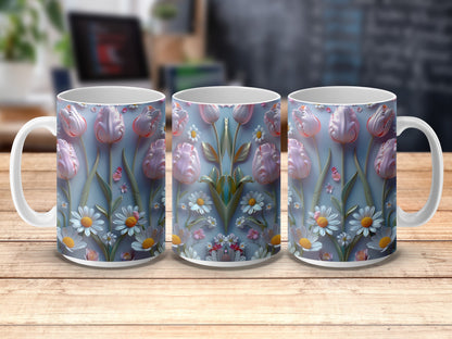 Floral Coffee Mugs, Spring Tulip and Daisy Design, Set of Three Ceramic Cups, Perfect Gift for Garden Lovers