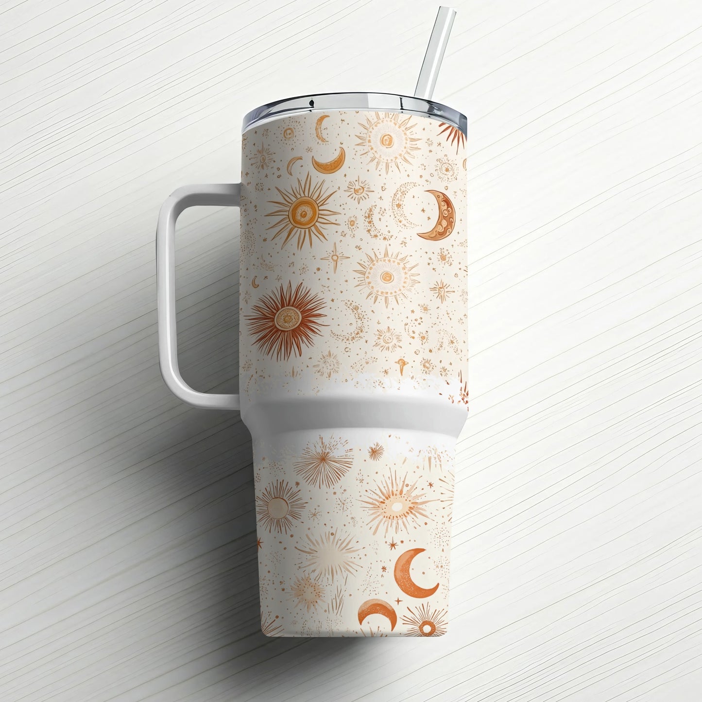 Celestial Coffee Mug, Sun Moon Stars Pattern, Ceramic Tumbler with Lid and Straw, Unique Drinkware Gift