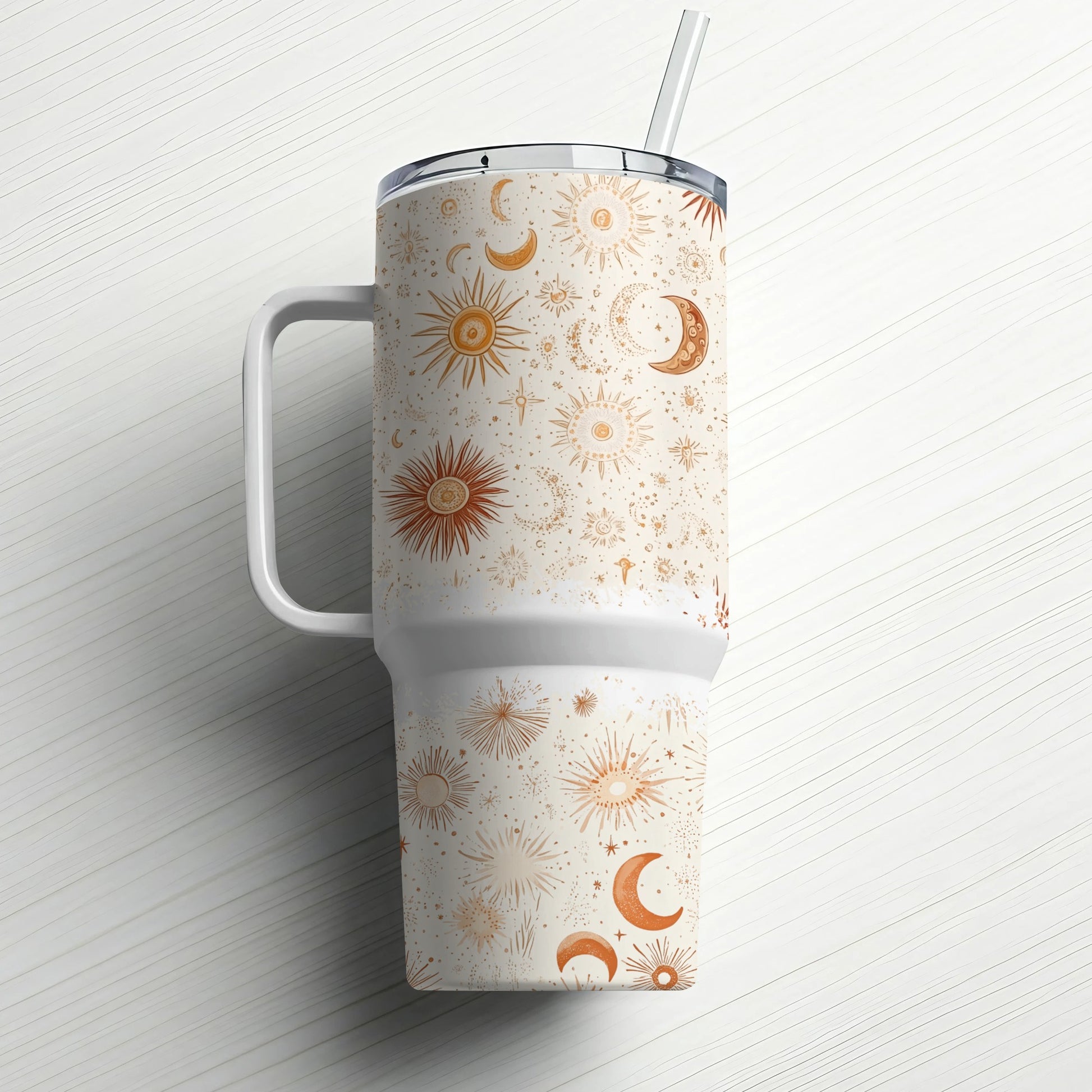 Celestial Coffee Mug, Sun Moon Stars Pattern, Ceramic Tumbler with Lid and Straw, Unique Drinkware Gift