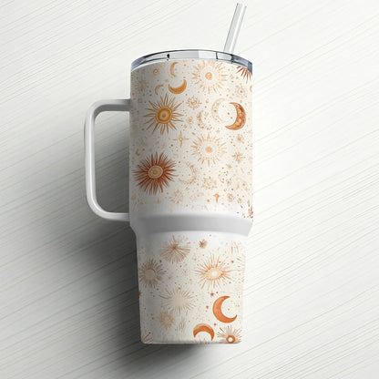 Celestial Coffee Mug, Sun Moon Stars Pattern, Ceramic Tumbler with Lid and Straw, Unique Drinkware Gift
