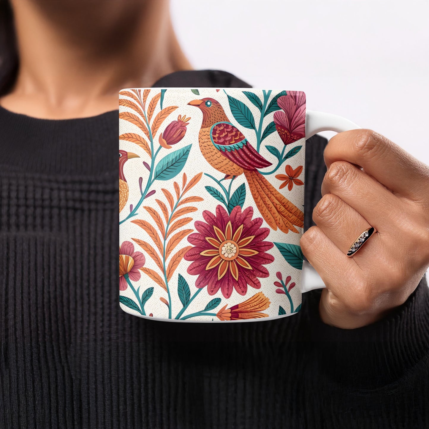 Colorful Bird and Floral Design Coffee Mug product type