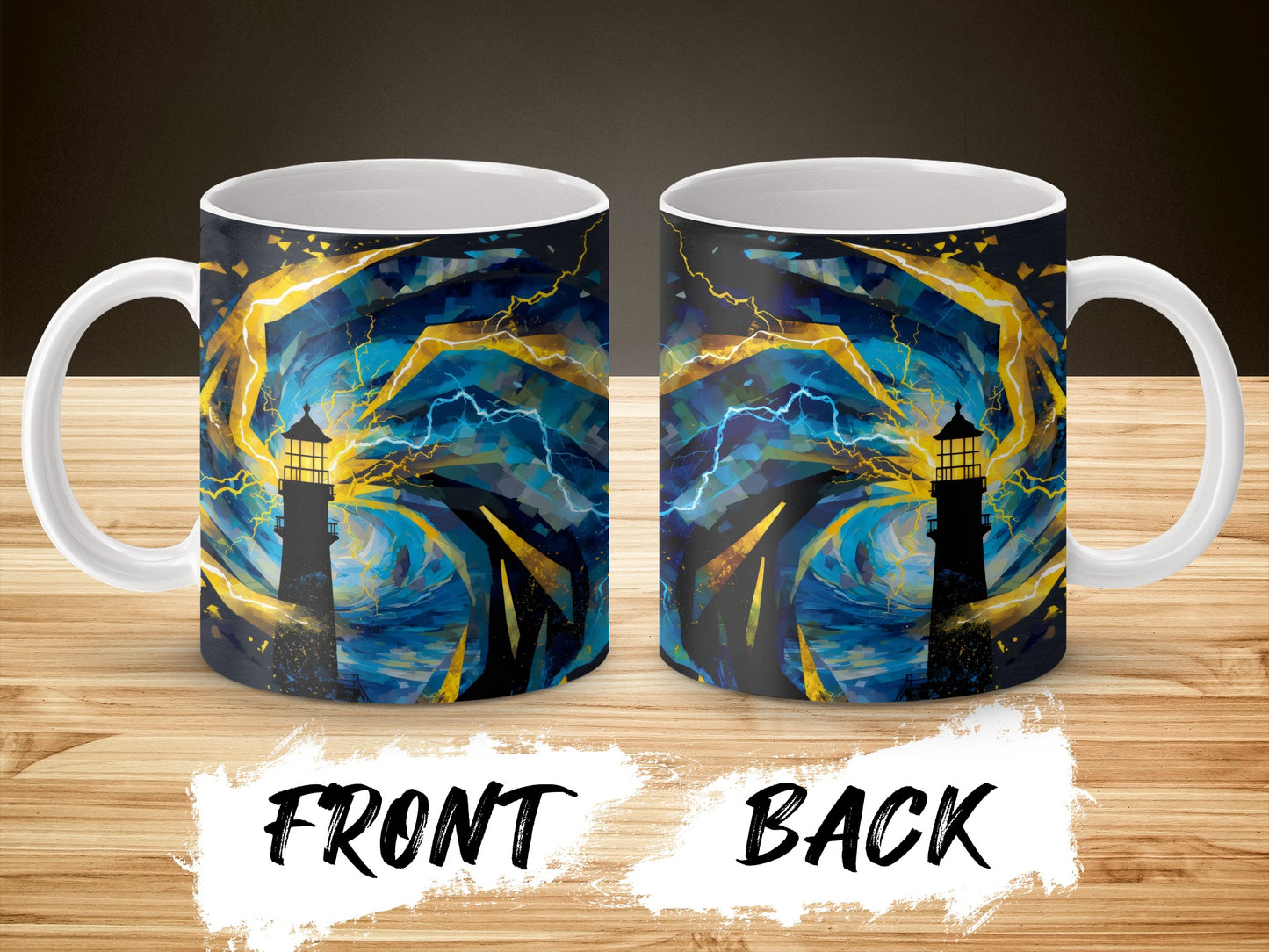 Blue Stormy Night Lantern Design Coffee Mug, Artistic Ceramic Cup, Unique Lightning Pattern Drinkware for Gift
