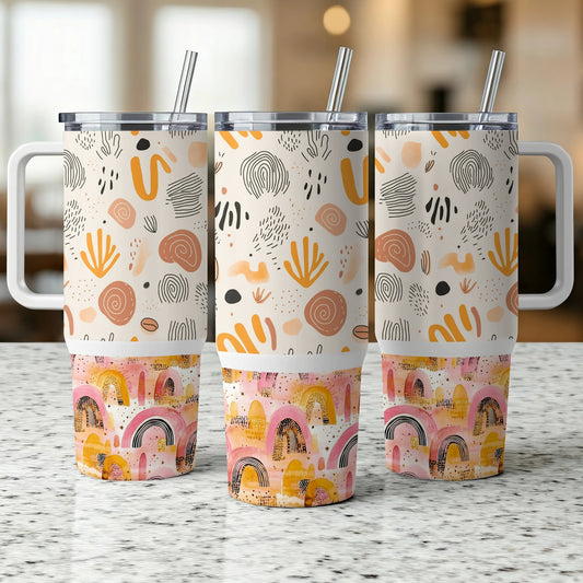 Boho Rainbow Tumbler Set with Straws, Insulated Travel Cups, Colorful Abstract Design, 20 oz Water Tumblers