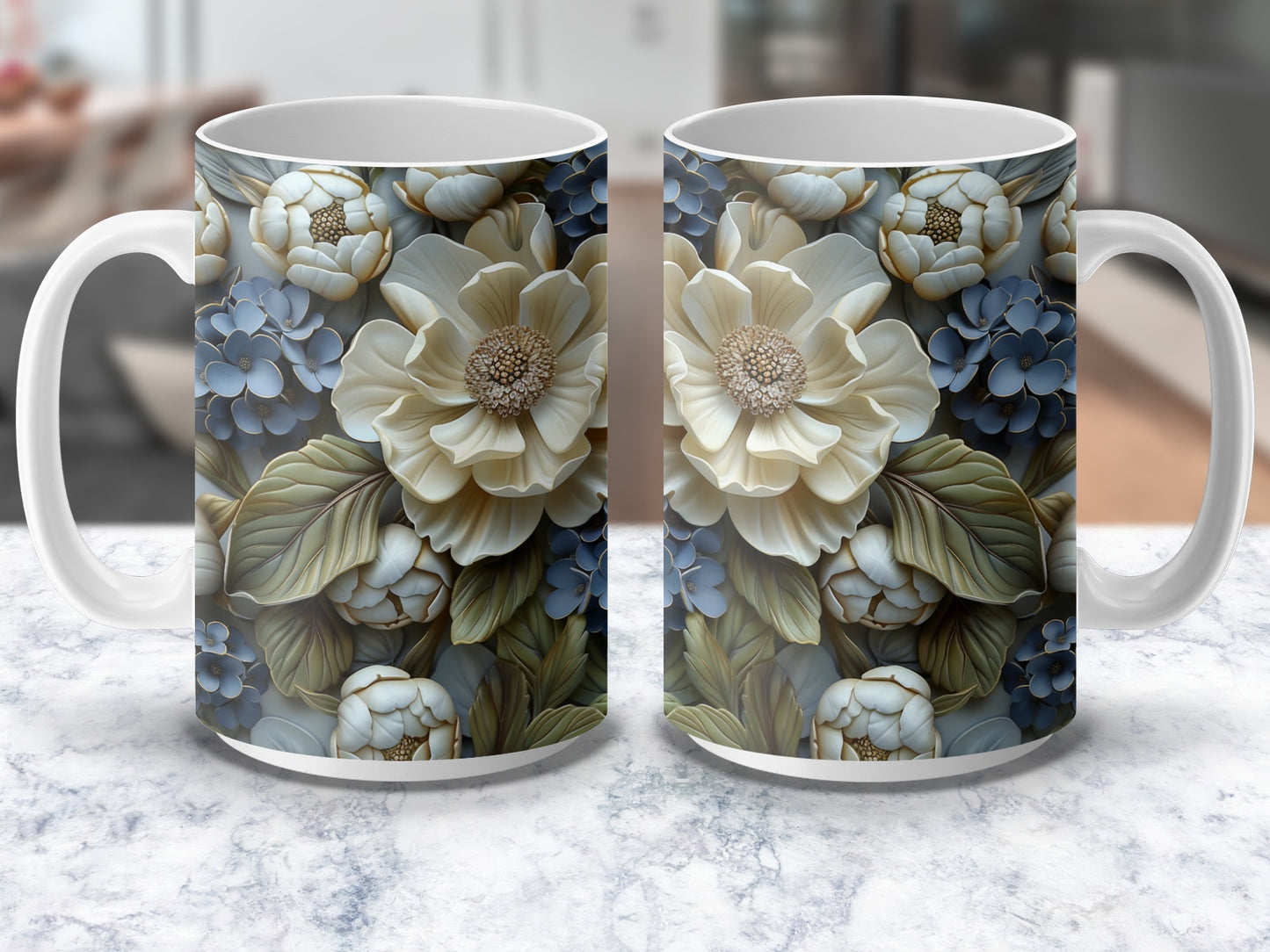 Floral Coffee Mug, Blue and White Flower Design, Elegant Ceramic Cup, Home Decor Gift