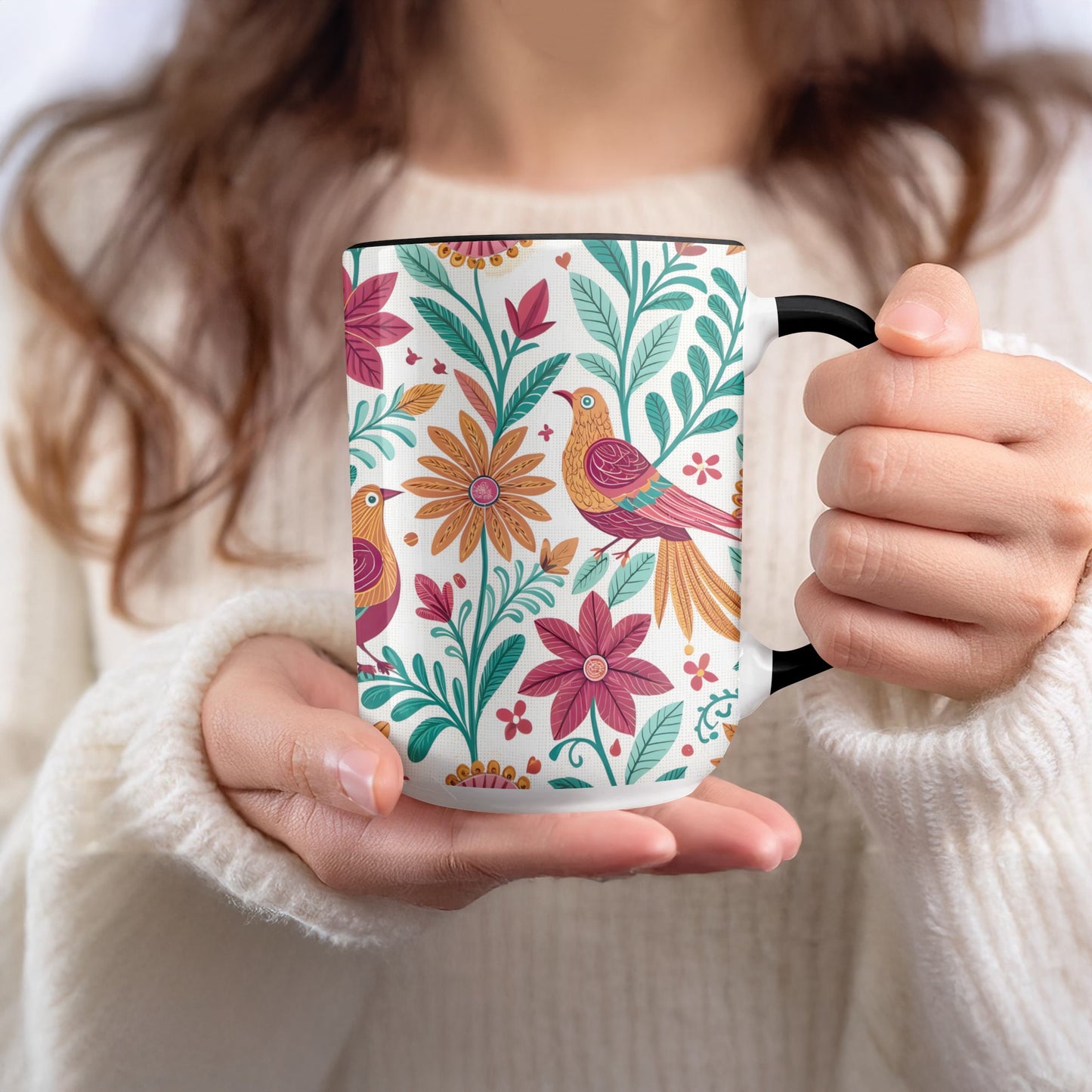Colorful Floral Bird Art Mug Ceramic Beverage Product