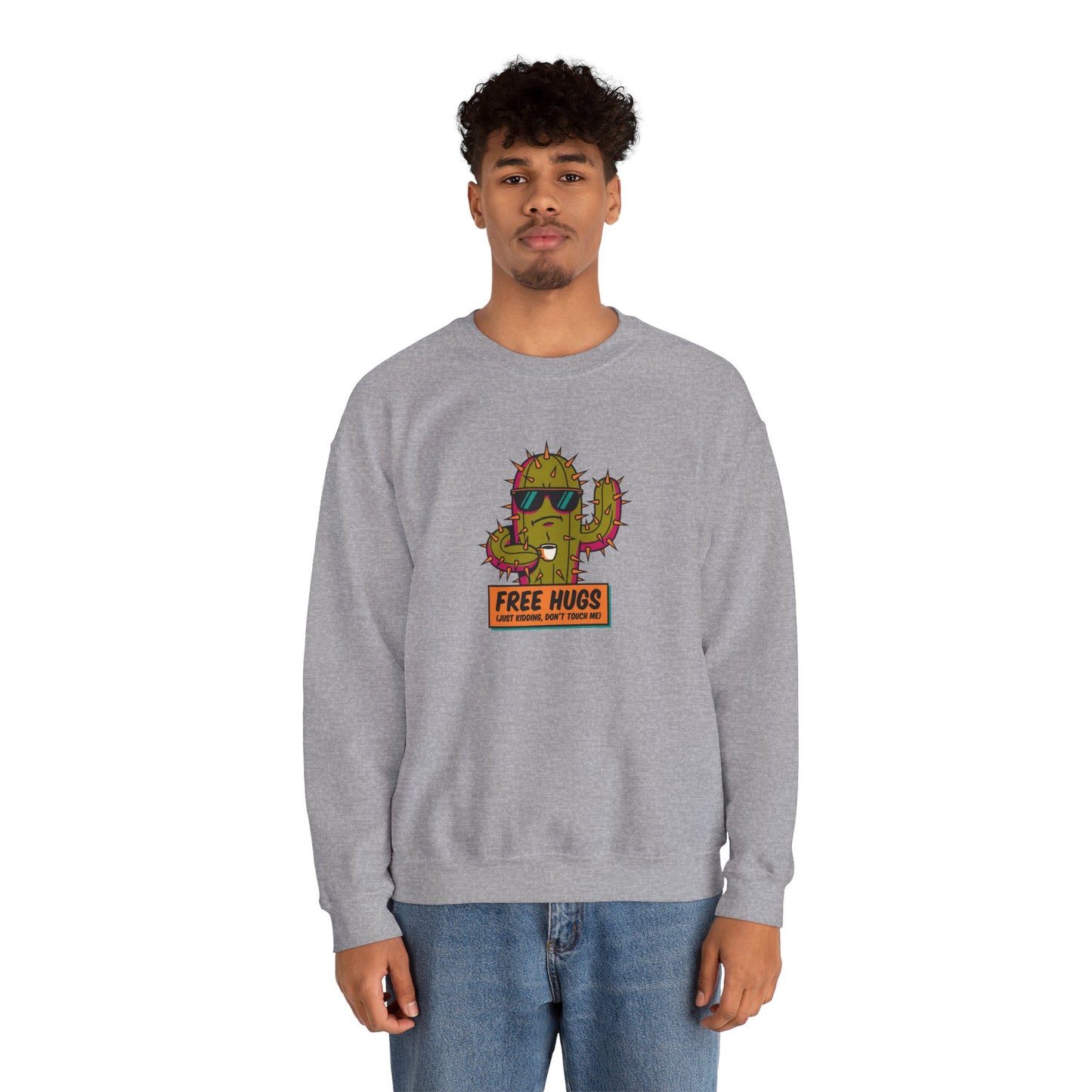 Gray sweatshirt with a cartoon cactus wearing sunglasses and a sign saying "FREE HUGS."