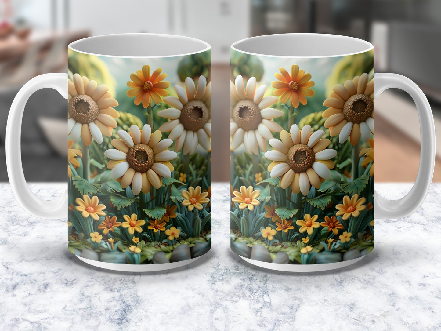 Floral Coffee Mugs, Set of Two, Daisy and Sunflower Print, Vibrant Kitchen Decor, Unique Gift Idea