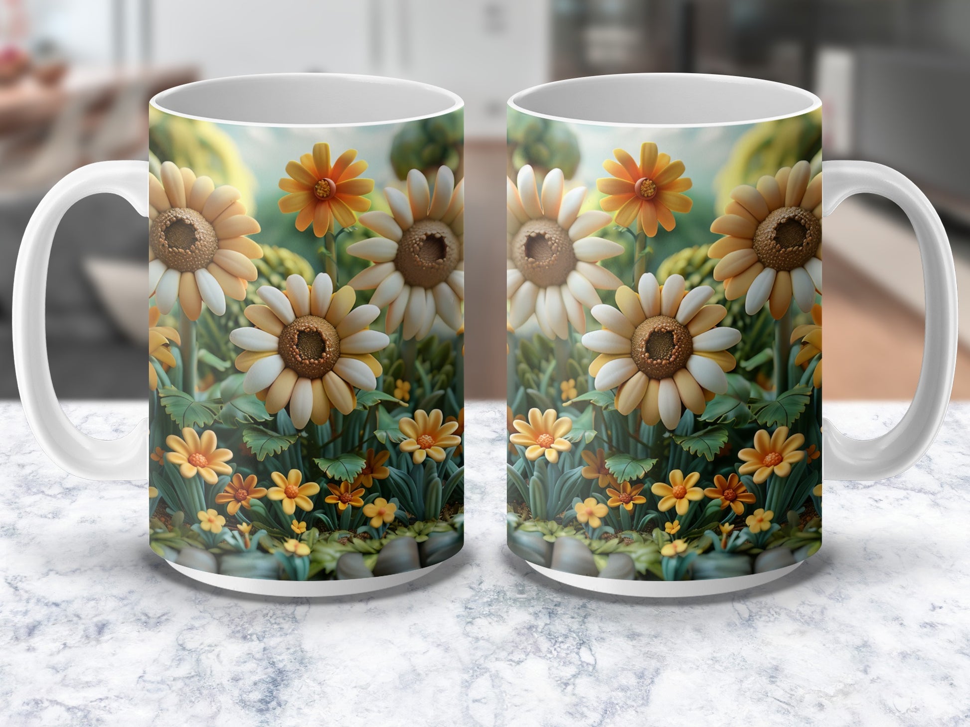 Floral Coffee Mugs, Set of Two, Daisy and Sunflower Print, Vibrant Kitchen Decor, Unique Gift Idea