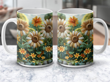 Floral Coffee Mugs, Set of Two, Daisy and Sunflower Print, Vibrant Kitchen Decor, Unique Gift Idea