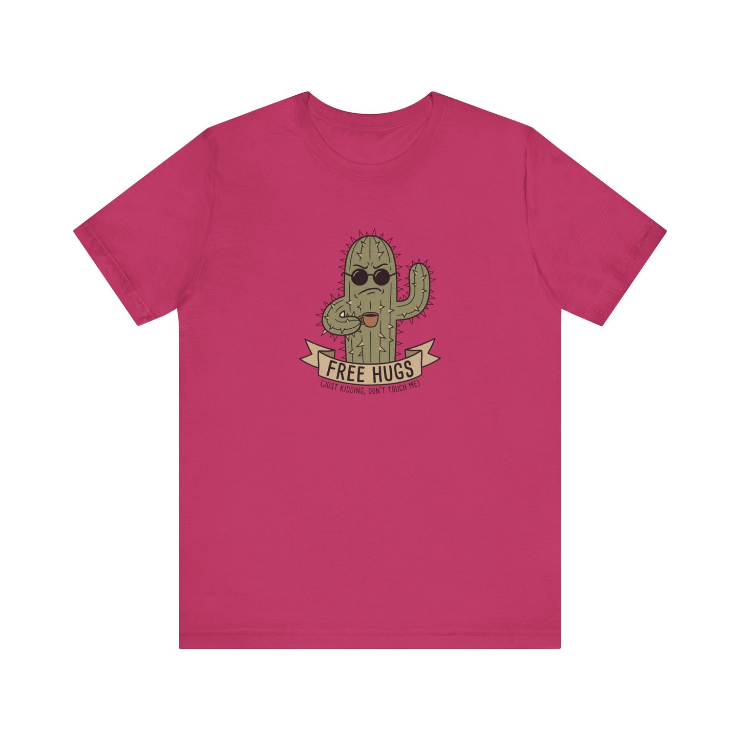 Pink t-shirt with a cartoon cactus wearing sunglasses offering "FREE HUGS" with a "JUST KIDDING, DON'T TOUCH ME!" sign.