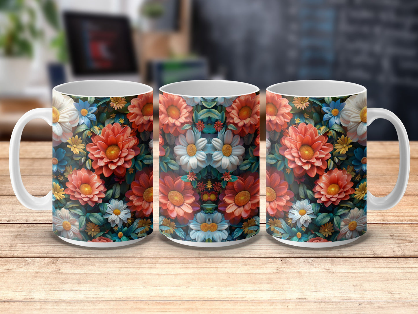 Floral Coffee Mugs, Vibrant Flower Print, Ceramic Tea Cups, Set of Three, Kitchen Decor, Gift Idea