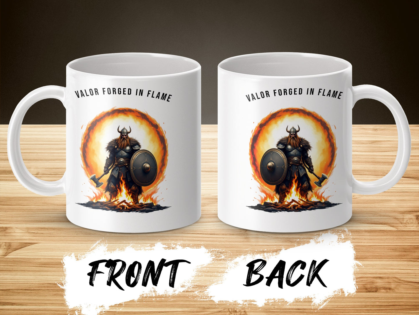 Viking Warrior Coffee Mug, Valor Forged in Flame Design, Unique Fire Graphic, Gift for History Buffs