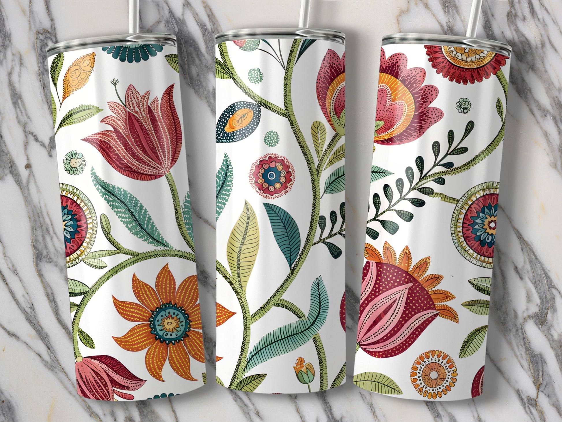 Vibrant Floral Patterns on Tall Tumbler Drinkware Product