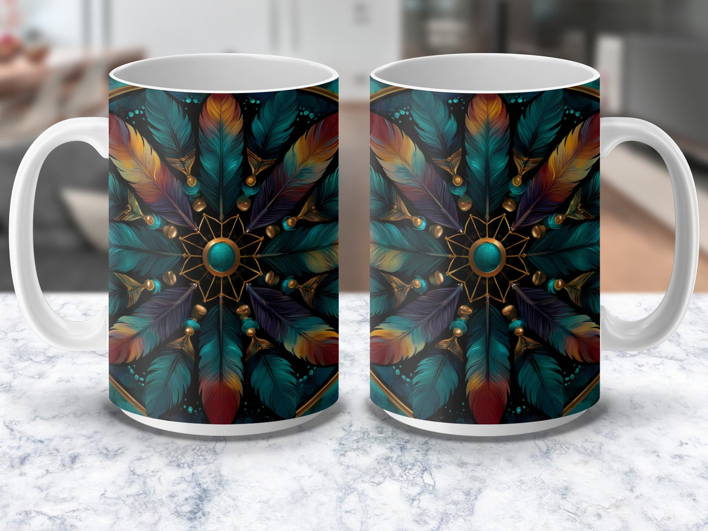 Colorful Feather Pattern Mug, Unique Peacock Design Coffee Cup, Vibrant Kitchen Decor, Boho Style Drinkware