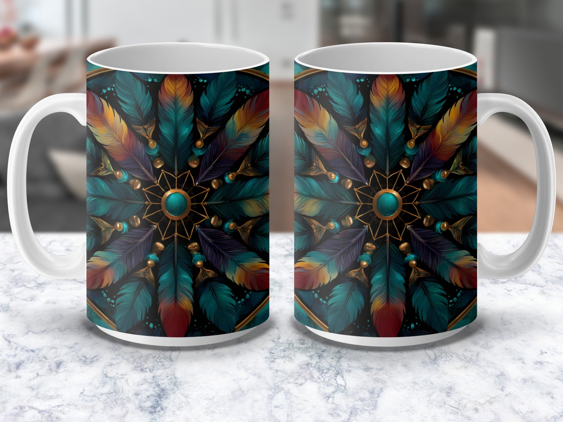 Colorful Feather Pattern Mug, Unique Peacock Design Coffee Cup, Vibrant Kitchen Decor, Boho Style Drinkware