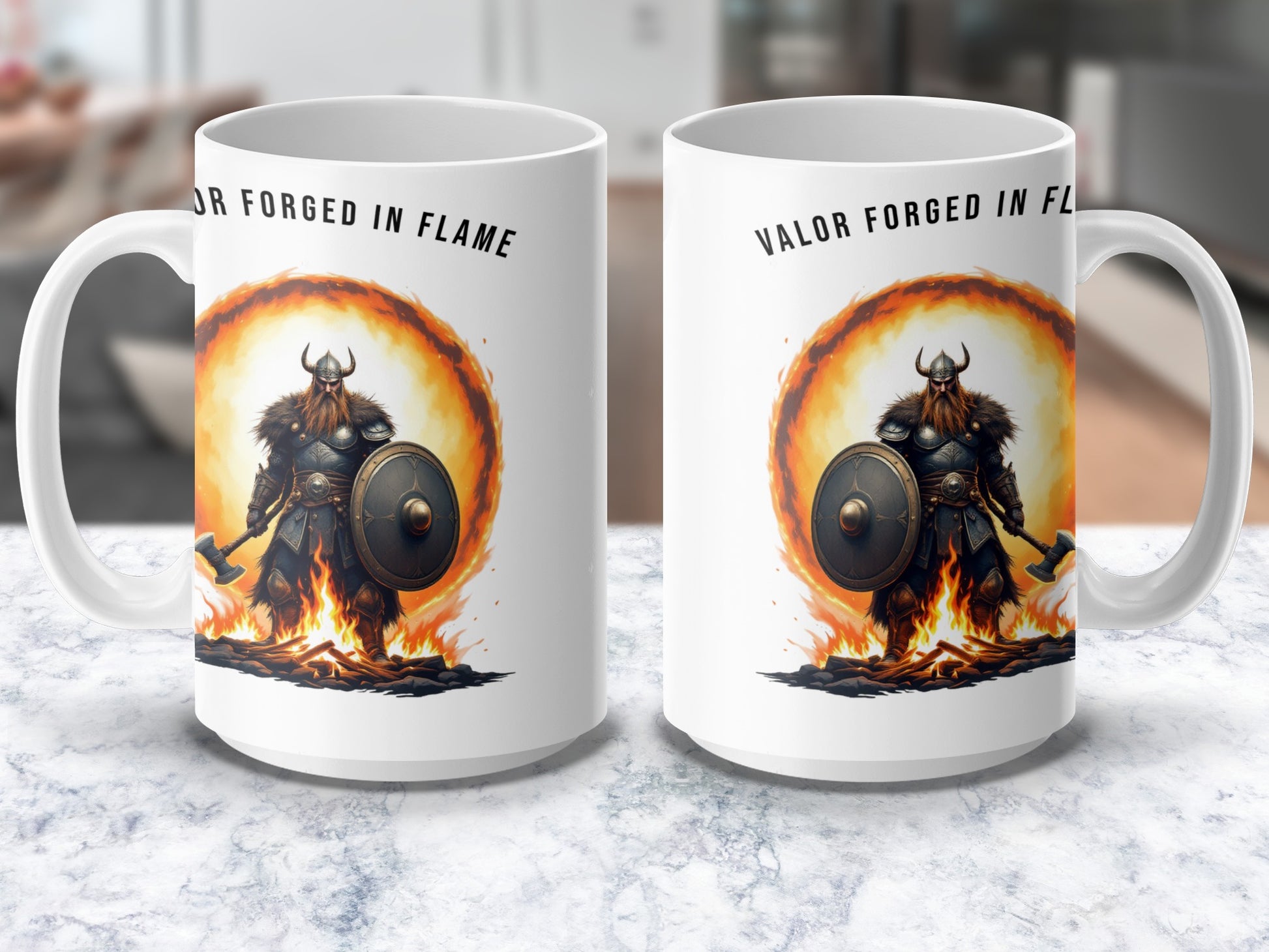 Viking Warrior Coffee Mug, Valor Forged in Flame Design, Norse Mythology Inspired Drinkware, Unique Gift for History Buffs