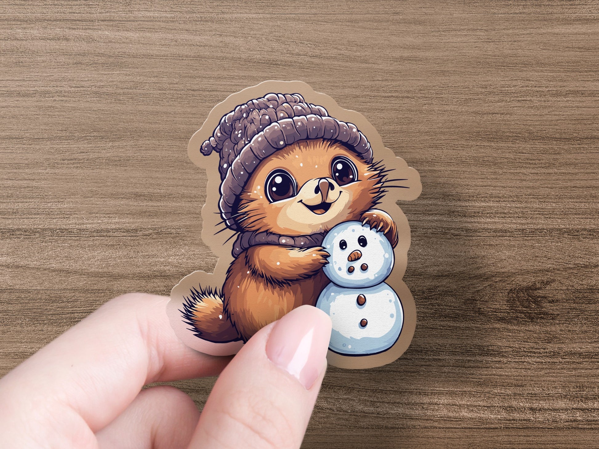 Cute Winter Critter with Snowman Sticker product type