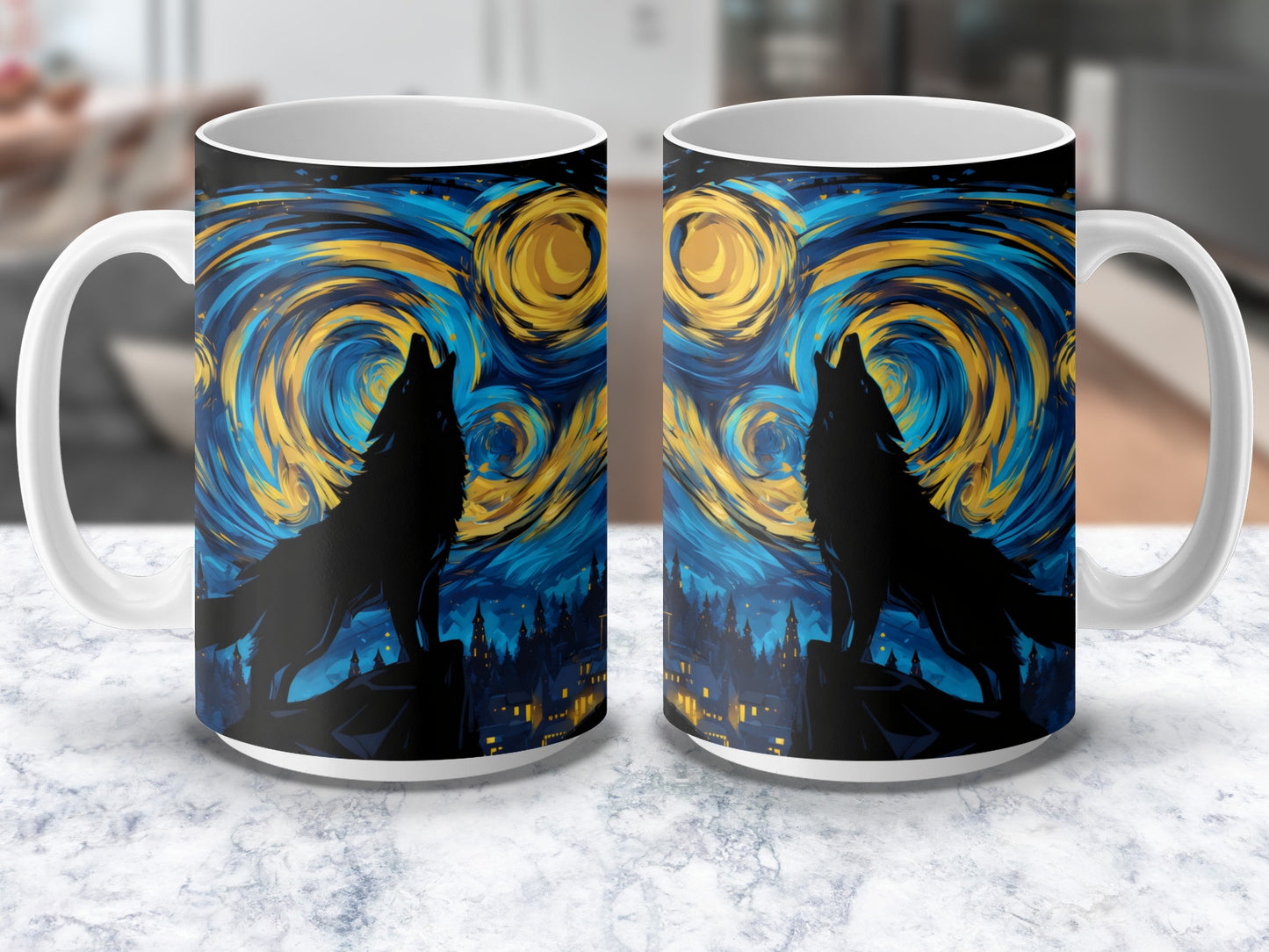 Van Gogh Starry Night Inspired Wolf Silhouette Coffee Mug, Artistic Blue and Yellow Ceramic Cup
