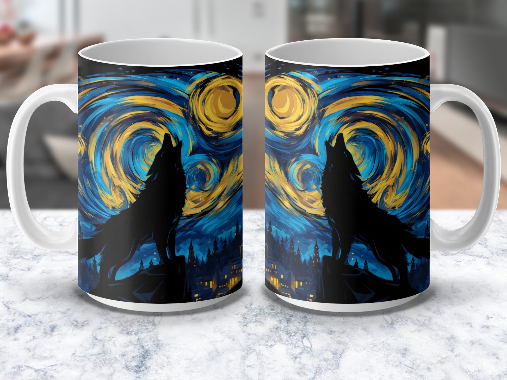 Van Gogh Starry Night Inspired Wolf Silhouette Coffee Mug, Artistic Blue and Yellow Ceramic Cup