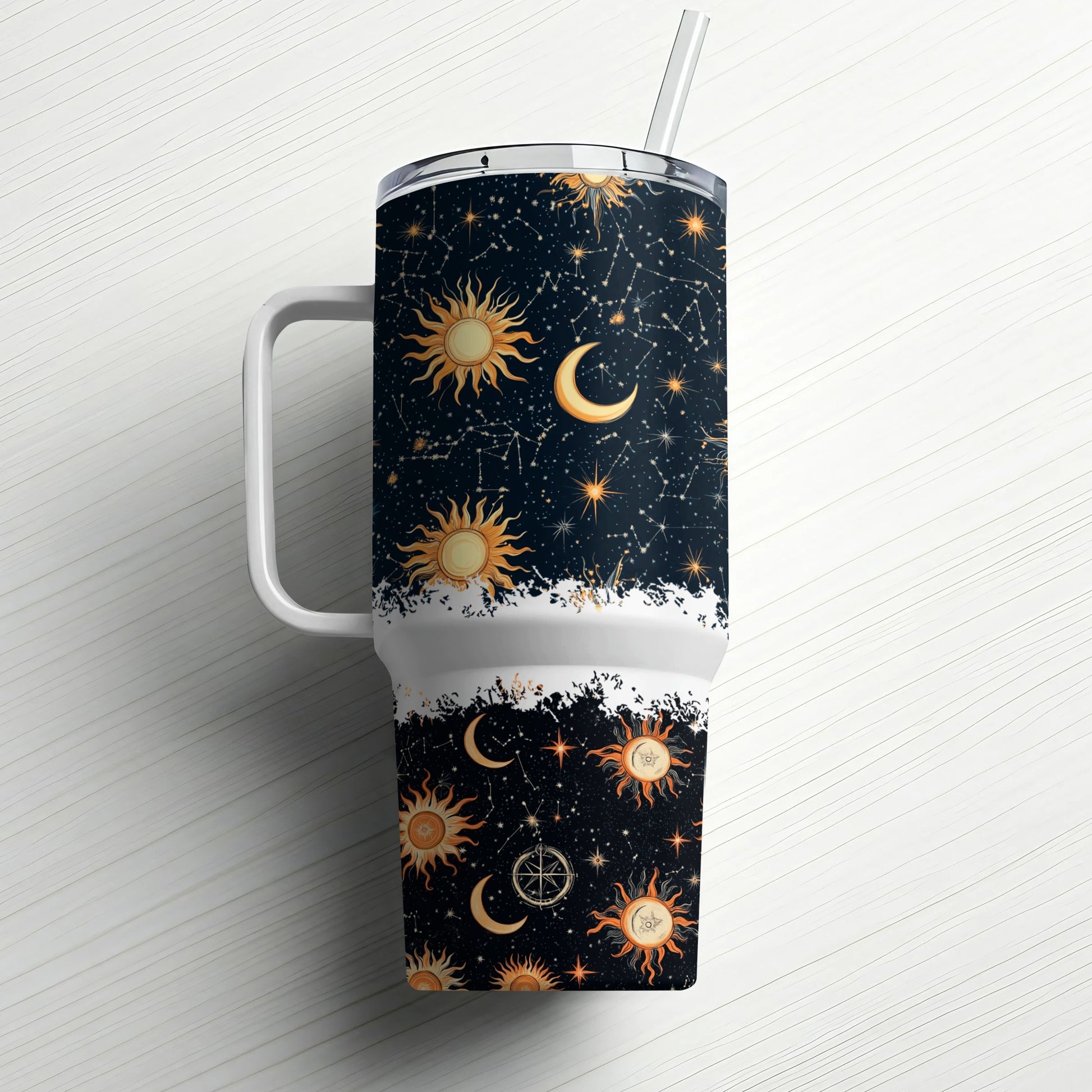 Celestial Coffee Tumbler, Sun and Moon Travel Mug, Insulated Drinkware, Astrology Gift, Stainless Steel Cup with Straw