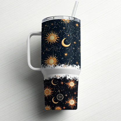 Celestial Coffee Tumbler, Sun and Moon Travel Mug, Insulated Drinkware, Astrology Gift, Stainless Steel Cup with Straw