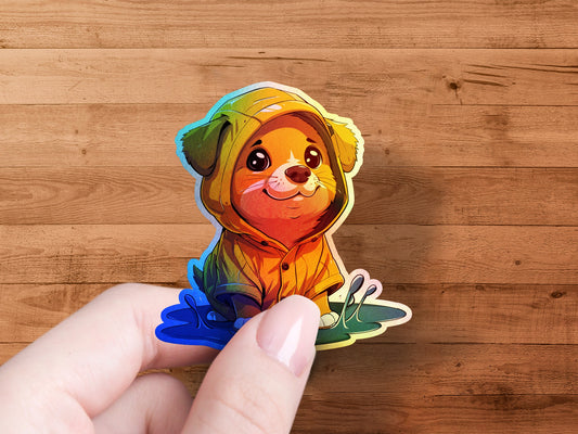 Adorable Puppy in Raincoat Sticker product type