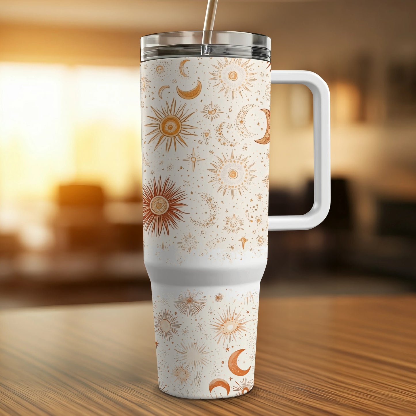 Bohemian Sun and Moon Design Insulated Travel Mug, White Stainless Steel Tumbler for Hot and Cold Beverages