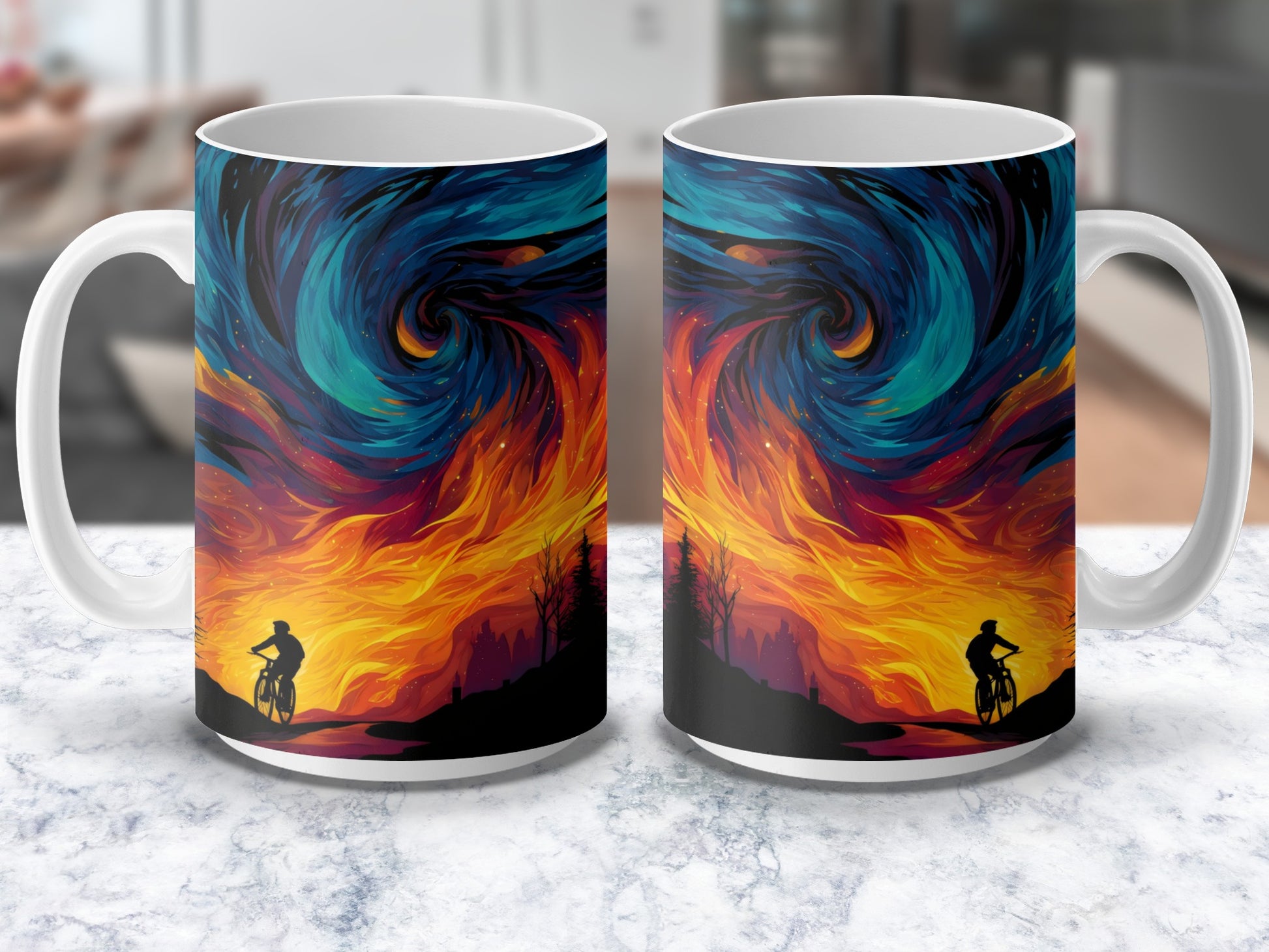 Colorful Abstract Art Coffee Mug, Swirl Pattern Cyclist Silhouette, Vibrant Office Drinkware, Unique Artistic Gift