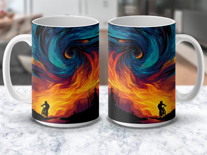 Colorful Abstract Art Coffee Mug, Swirl Pattern Cyclist Silhouette, Vibrant Office Drinkware, Unique Artistic Gift