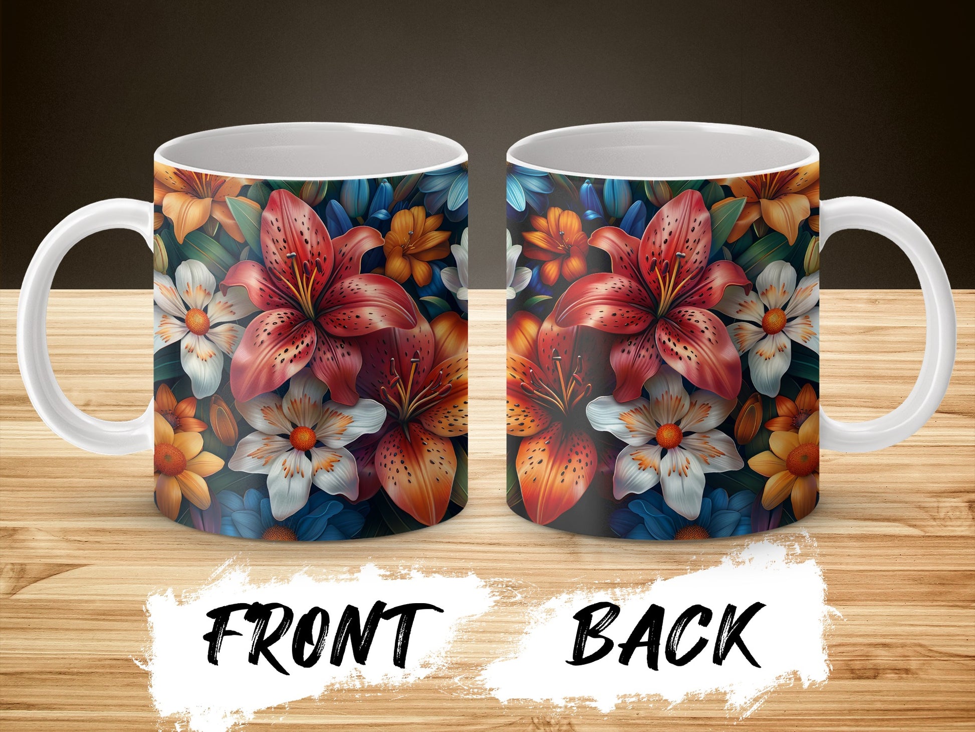 Floral Coffee Mug, Colorful Lily and Daisy Design, Ceramic Tea Cup, Gift for Garden Lovers, Dual-Sided Print, Vibrant Tableware