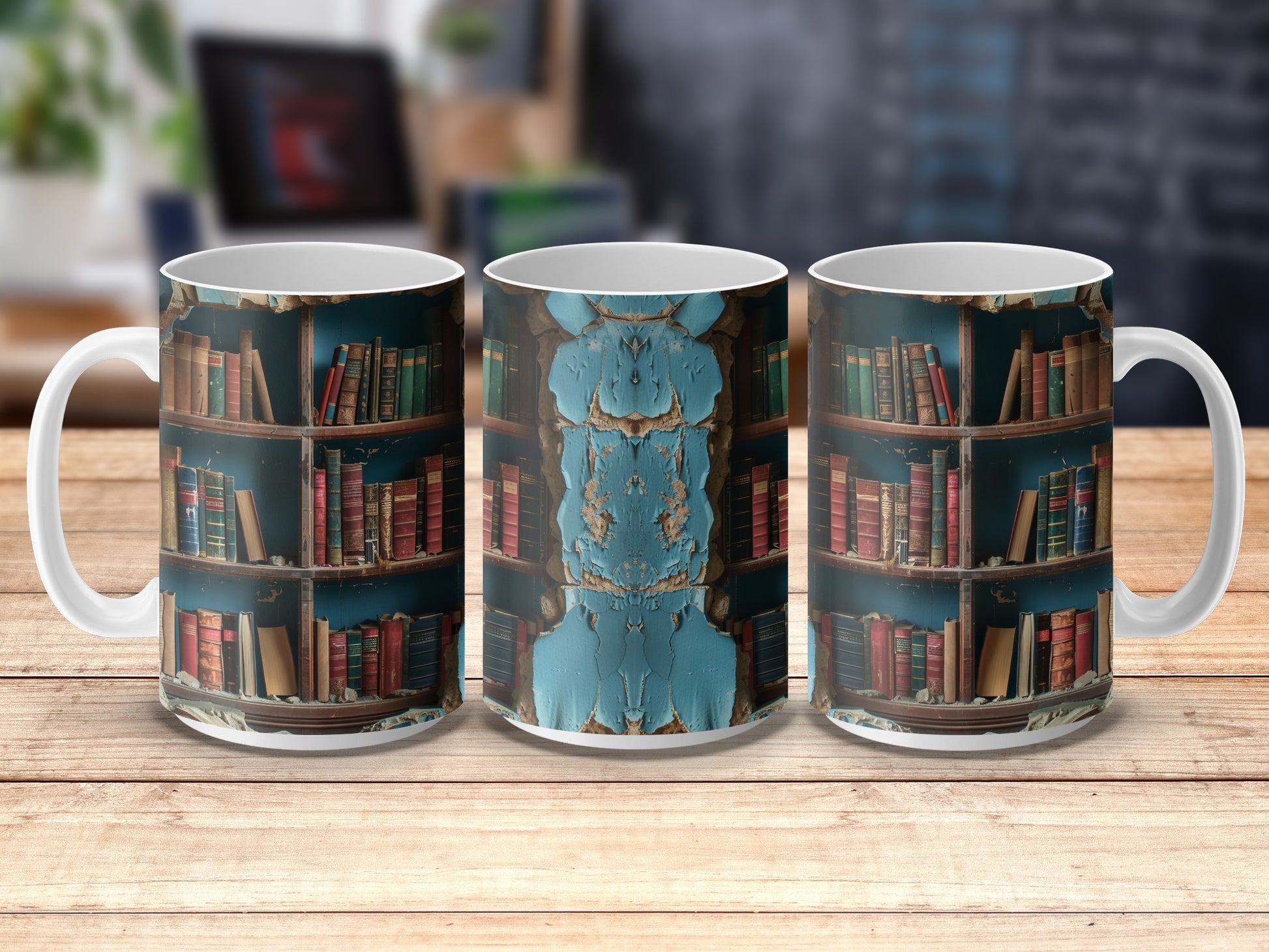 Vintage Library Bookshelf Design Coffee Mugs, Rustic Book Lover Gift, Unique Ceramic Cups for Readers and Writers