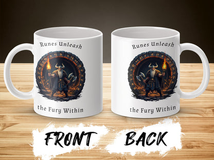 Viking Warrior Coffee Mug, Runes Unleash Design, The Fury Within, Norse Mythology Inspired Mug for Gift