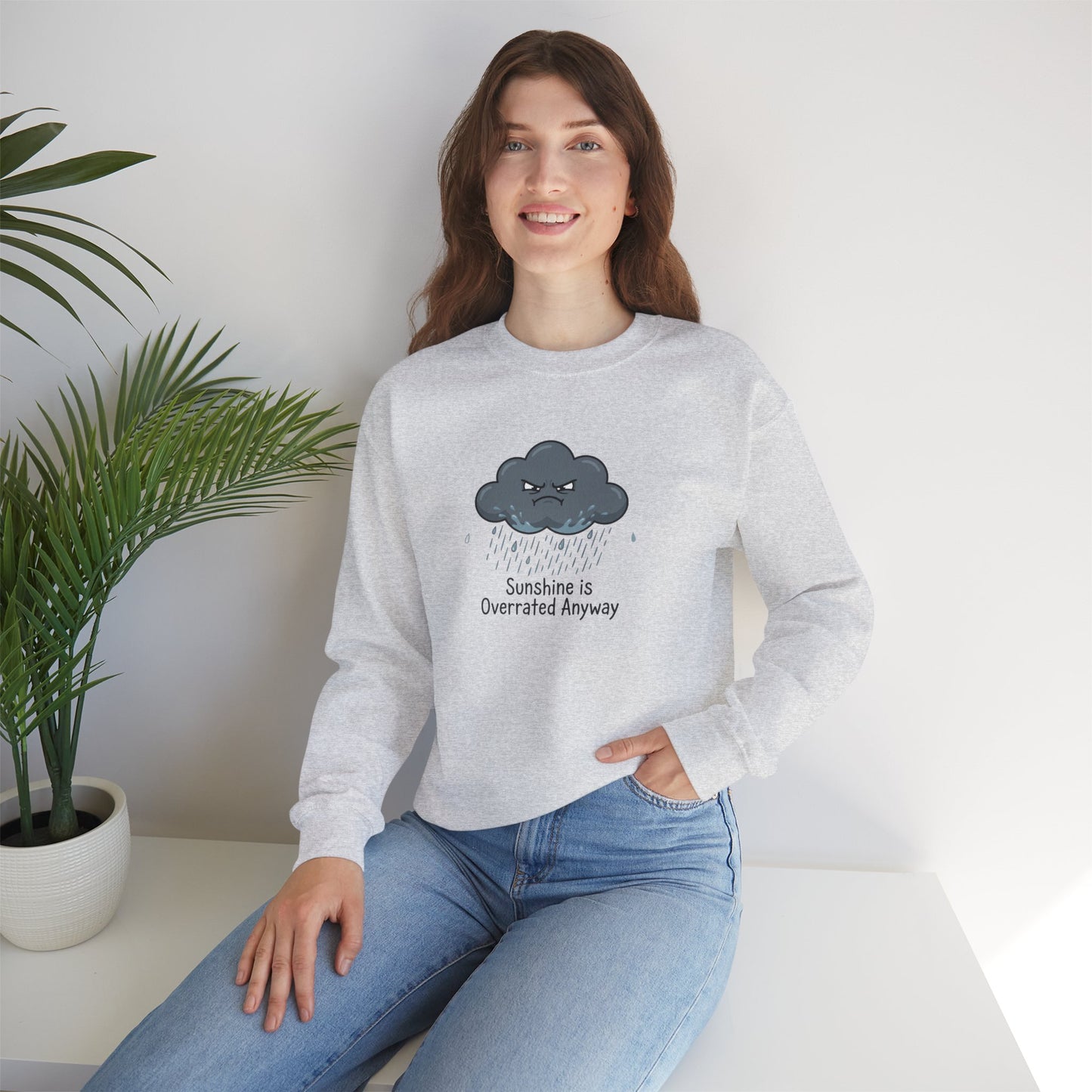 Gray sweatshirt with a cartoon cloud that says "Sunshine is Overrated Anyway."