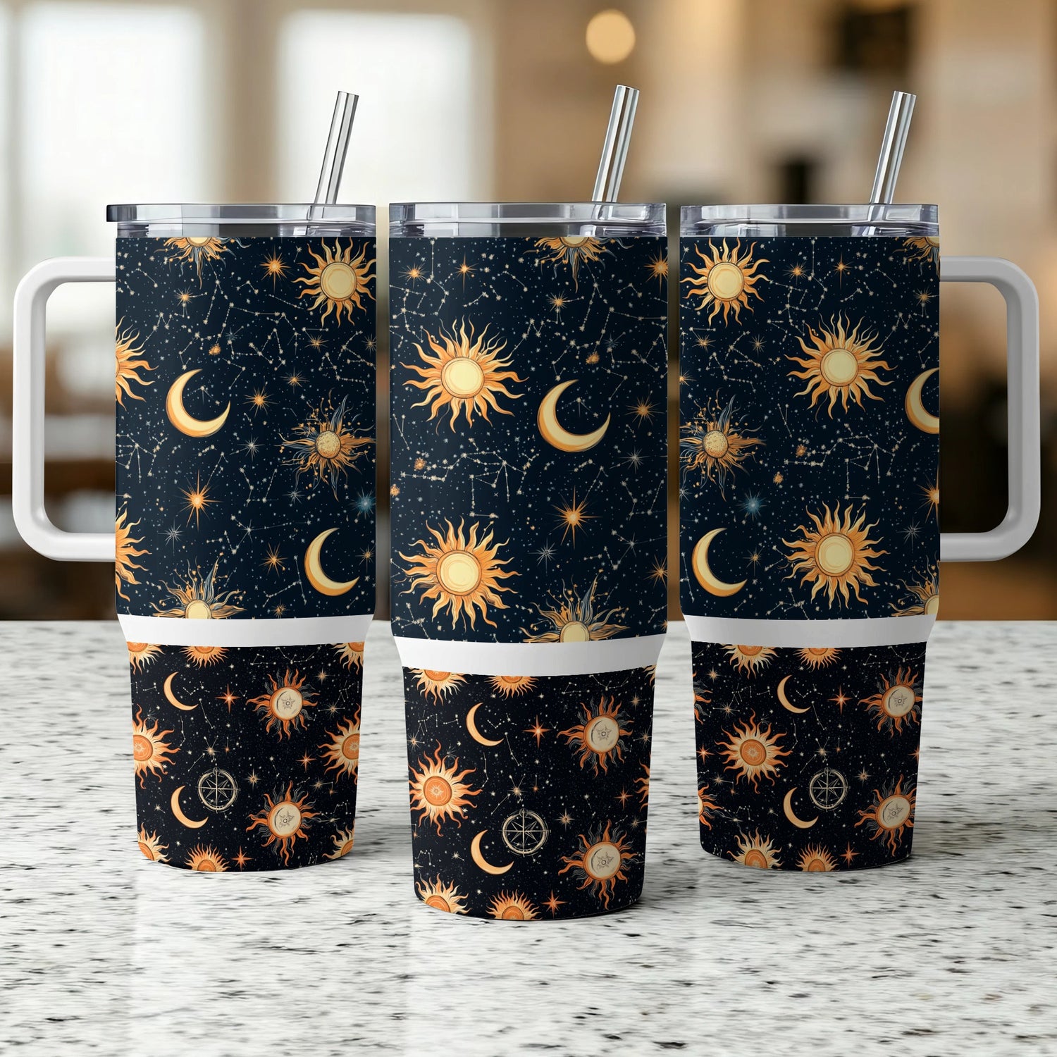 Celestial Tumbler Cups with Straws, Sun and Moon Pattern, Insulated Travel Drinkware Set of 3