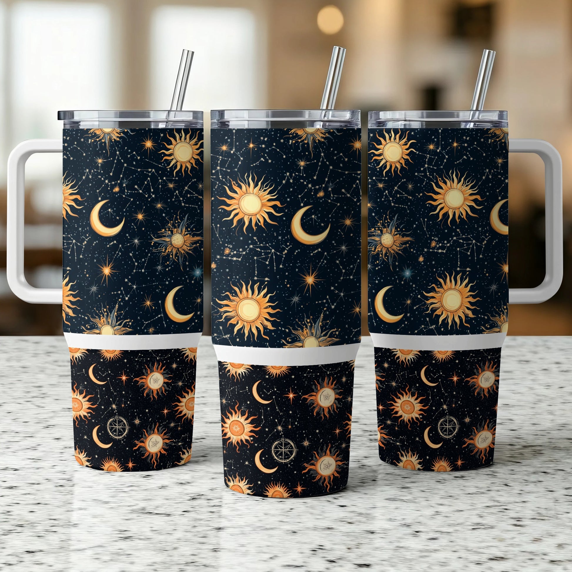 Celestial Tumbler Cups with Straws, Sun and Moon Pattern, Insulated Travel Drinkware Set of 3