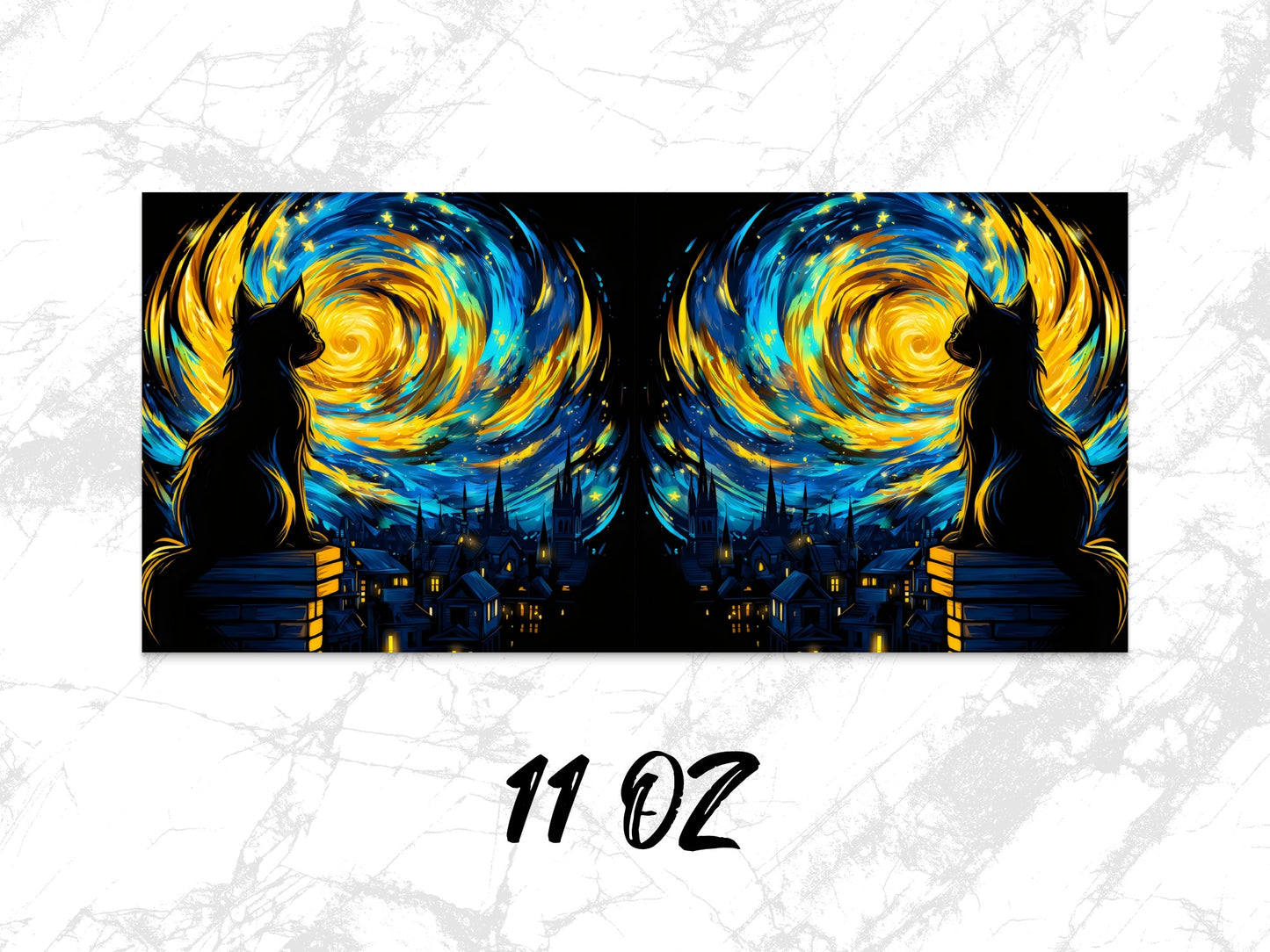 Starry Night Cat Silhouette Coffee Mug, 11 oz, Artistic Van Gogh Inspired Design, Twin Set