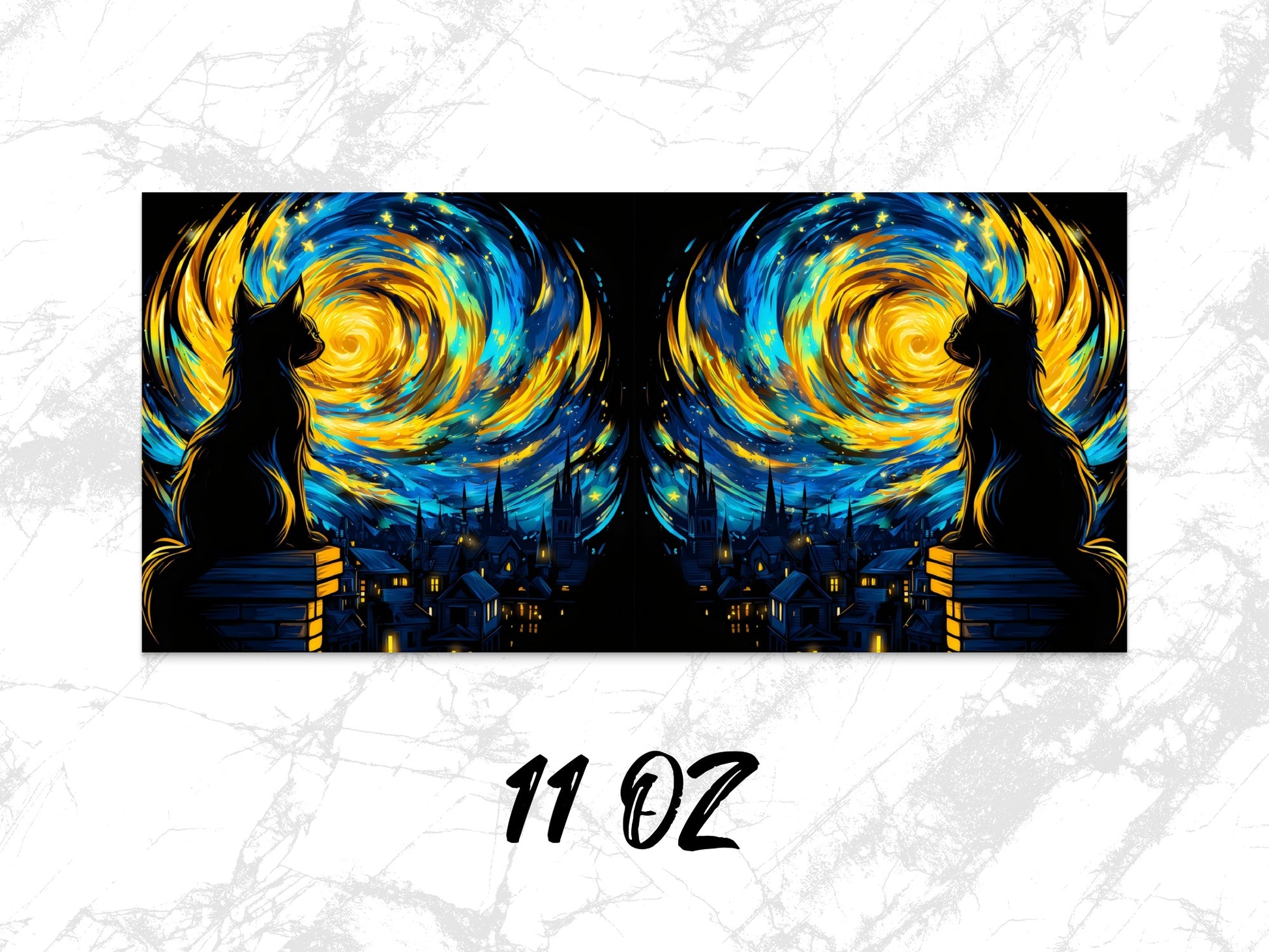 Starry Night Cat Silhouette Coffee Mug, 11 oz, Artistic Van Gogh Inspired Design, Twin Set