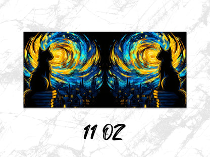 Starry Night Cat Silhouette Coffee Mug, 11 oz, Artistic Van Gogh Inspired Design, Twin Set