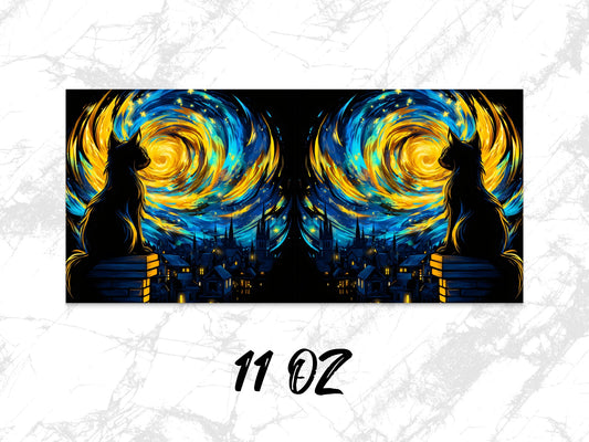 Starry Night Cat Silhouette Coffee Mug, 11 oz, Artistic Van Gogh Inspired Design, Twin Set