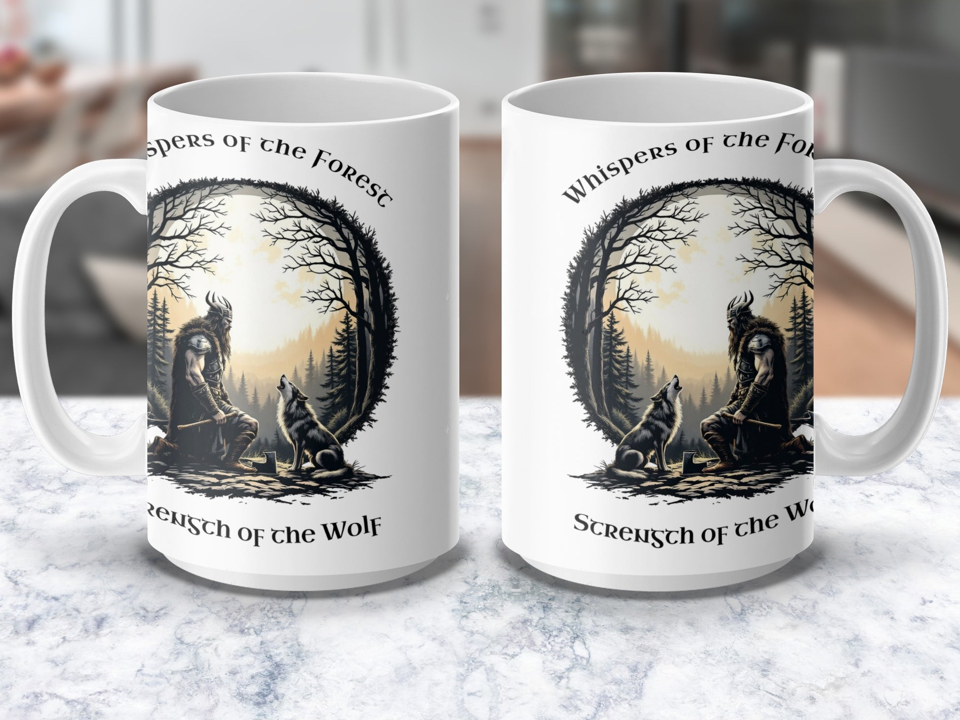 Whispers of the Forest Wolf Themed Coffee Mug, Black and White Tree Design, Nature-Inspired Drinkware
