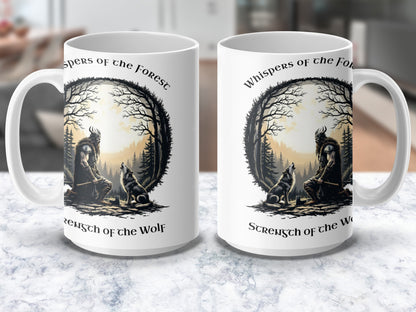 Whispers of the Forest Wolf Themed Coffee Mug, Black and White Tree Design, Nature-Inspired Drinkware
