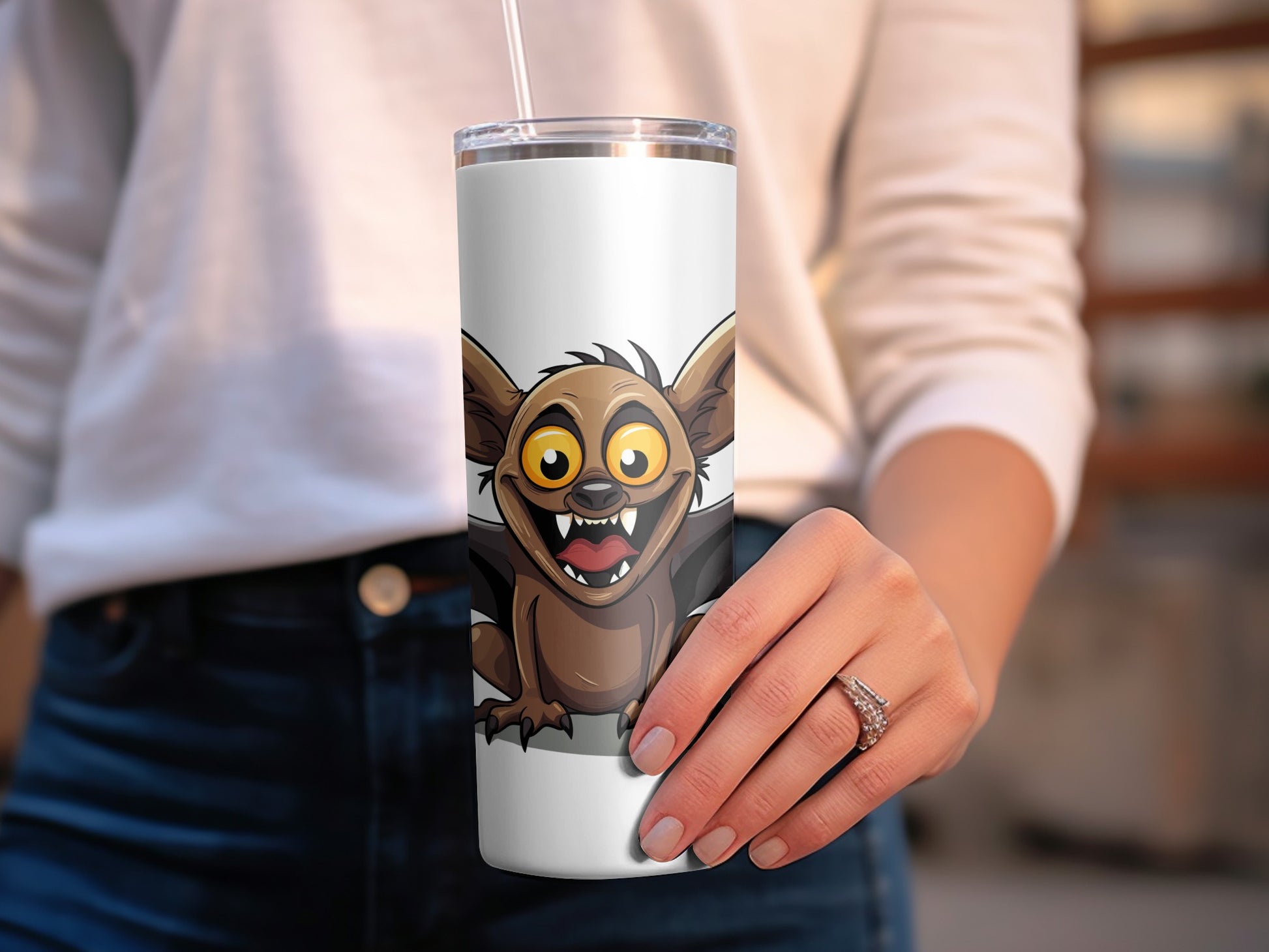 Cute Cartoon Bat Tumbler, Insulated Stainless Steel Travel Cup, Unique Animal Design, Gift for Wildlife Lovers, Eco-Friendly Drinkware