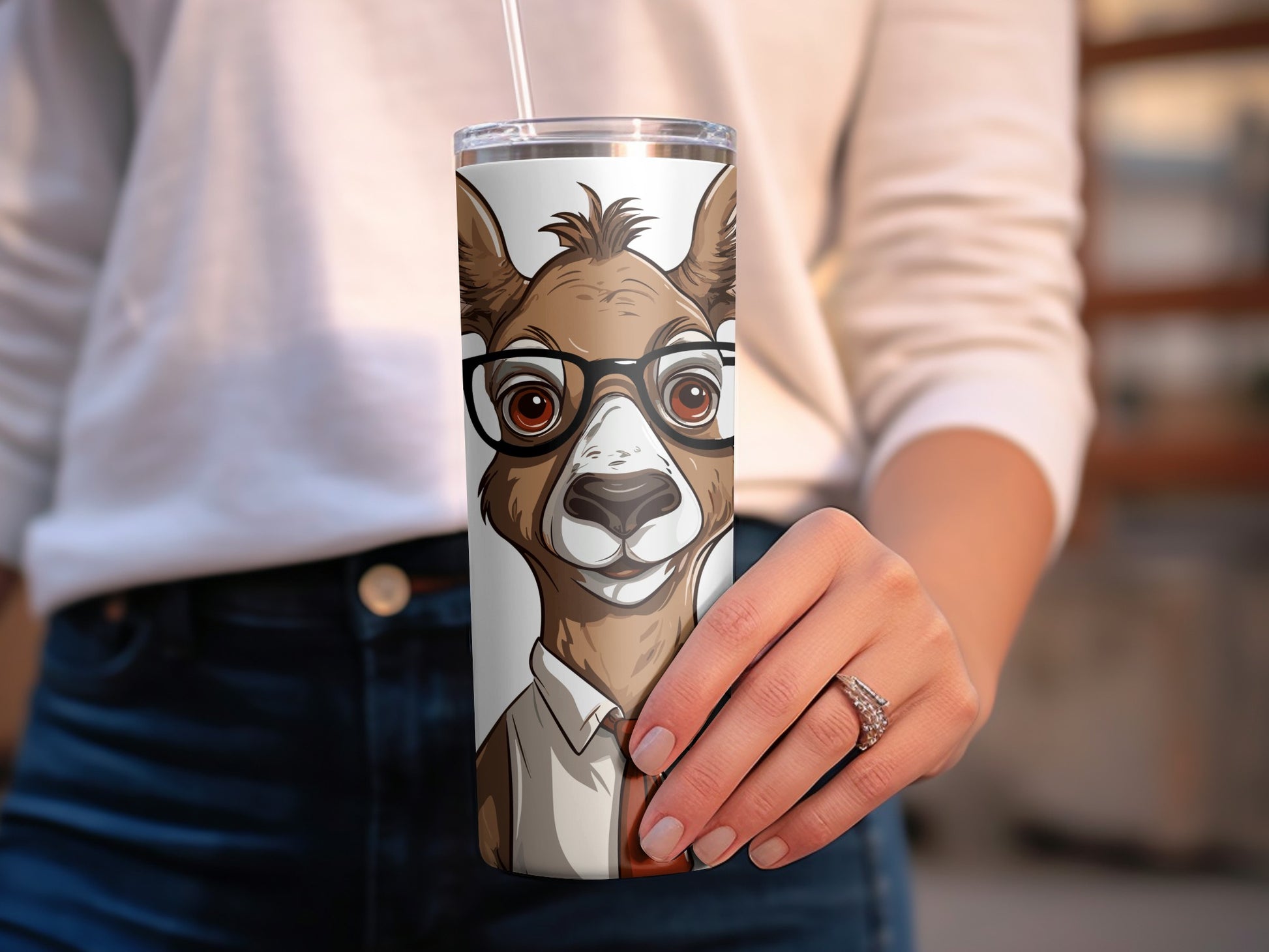 Quirky Alpaca Tumbler with Glasses, Stainless Steel Insulated Travel Mug, Unique Animal Design Drinkware, Gift Idea