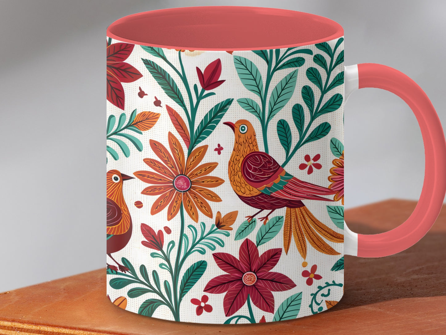 Vibrant Floral Design with Birds Artwork Mug product