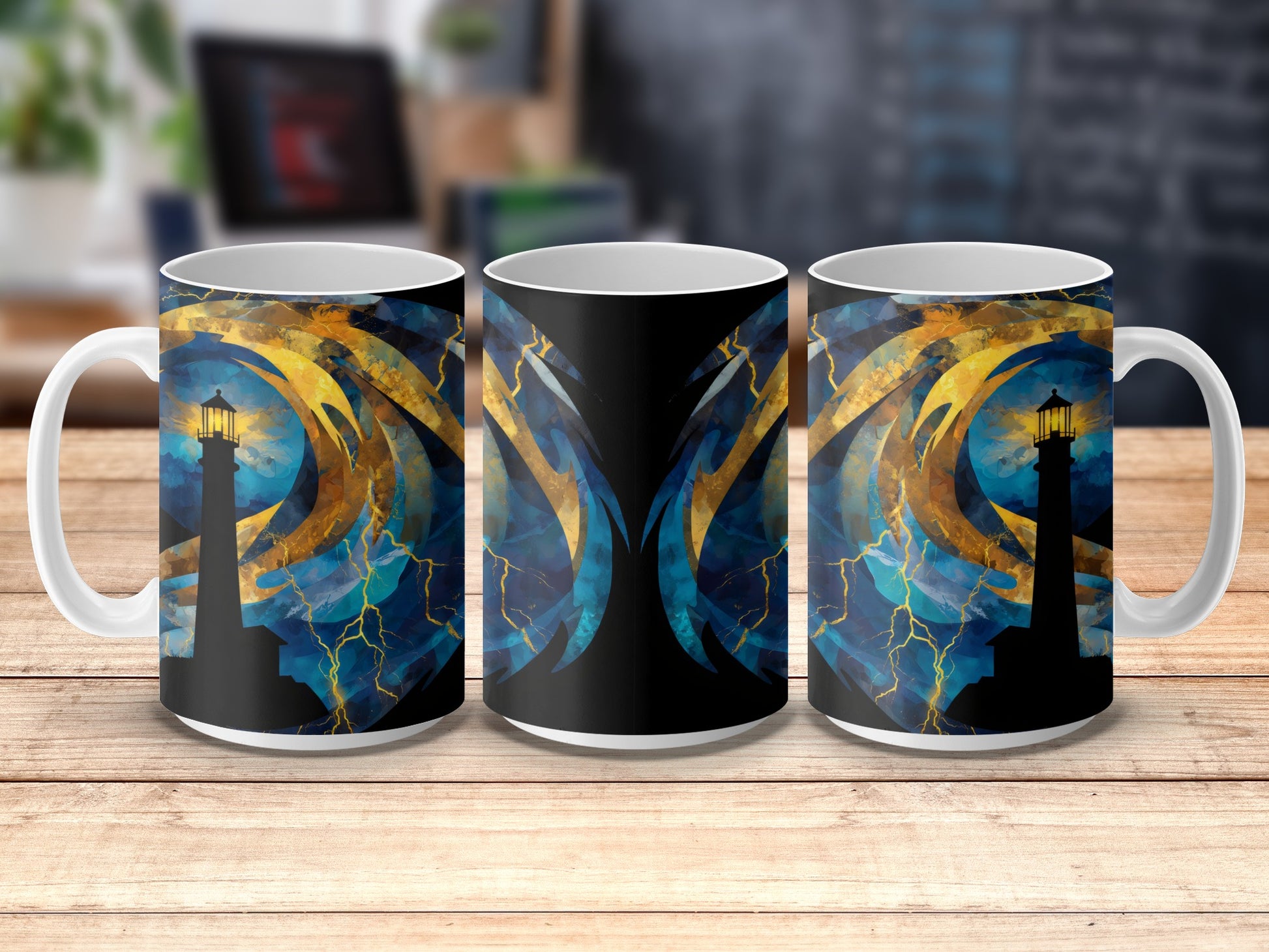 Abstract Art Coffee Mugs, Blue and Gold Swirl Pattern, Unique Designer Drinkware, Set of 3 Mugs