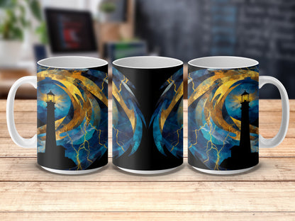 Abstract Art Coffee Mugs, Blue and Gold Swirl Pattern, Unique Designer Drinkware, Set of 3 Mugs