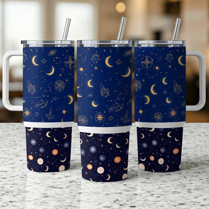 Celestial Tumbler Cups with Lids and Straws, Navy Blue Space and Planets Design, Insulated Travel Drinkware Set of 4