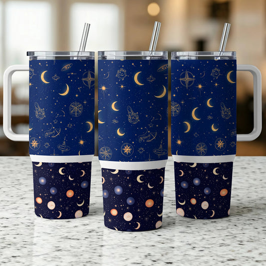 Celestial Tumbler Cups with Lids and Straws, Navy Blue Space and Planets Design, Insulated Travel Drinkware Set of 4
