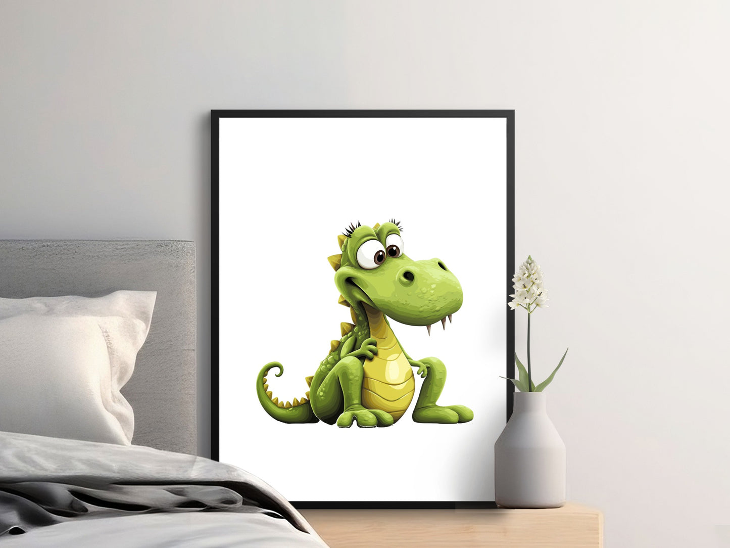 Cute Green Cartoon Dinosaur Wall Art Print, Children's Room Decor, Playful Nursery Poster, Animal Illustration
